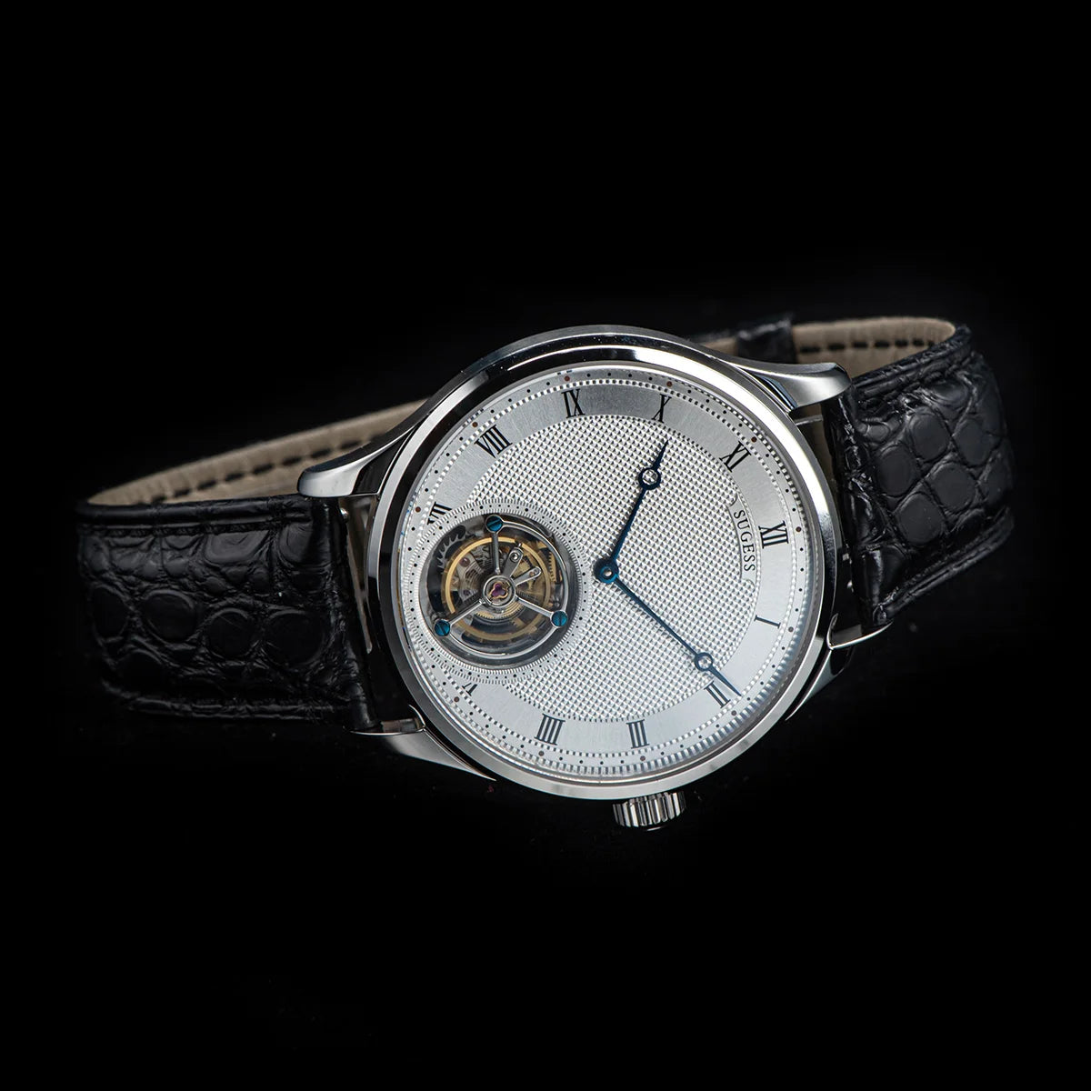 Sugess Tourbillon Men Watches ST8230 Genuine Tianjin Movement Mechanical Vintage Skeleton Wristwatch Elegant Crocodile Leather