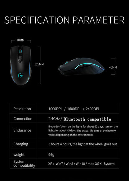 Rechargeable Dual Mode Bluetooth Wireless Mouse, 2.4GHz USB Optical Gaming Mouse with 2400 DPI, Ergonomic Rechargeable Wireless Mouse for PC, Laptop & Mac