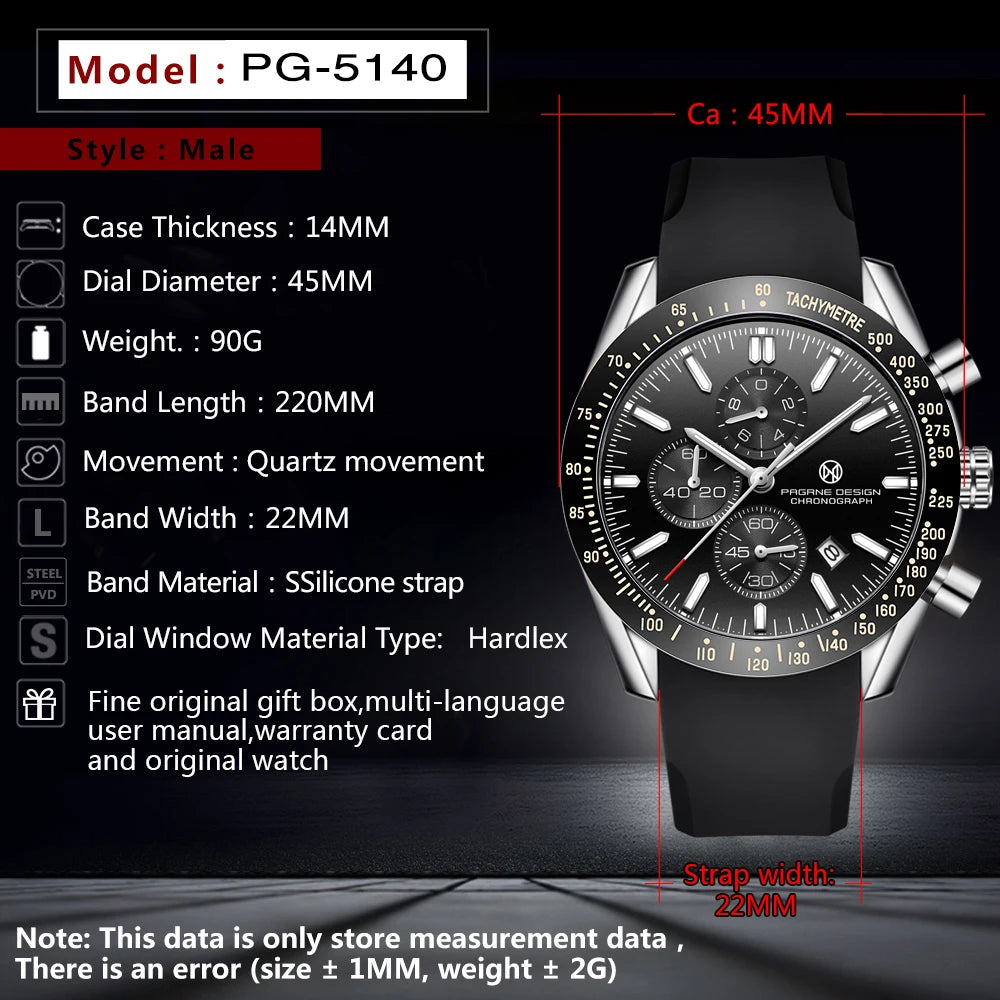 PAGANI DESIGN New 45mm Men Quartz Watch Rubber Belt Men's Luxury Watch Fashion Casual Sports Male Clock Relogio Maasculino