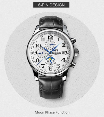 Carnival Brand Automatic Watch Fashion Luxury Waterproof Calendar Moon Phase Mechanical Watches For Men Clock Relogio Masculino