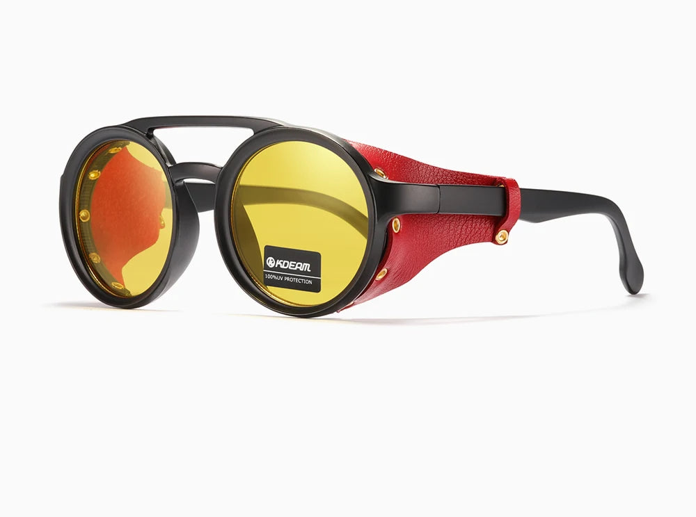 KDEAM Vintage Round Sunglasses Men Women Leather Shield Sun Glasses  Twin Bridge Designed Shade KD179