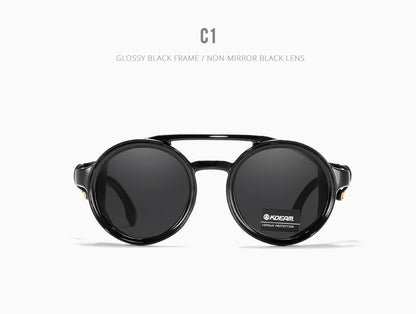 KDEAM Vintage Round Sunglasses Men Women Leather Shield Sun Glasses  Twin Bridge Designed Shade KD179
