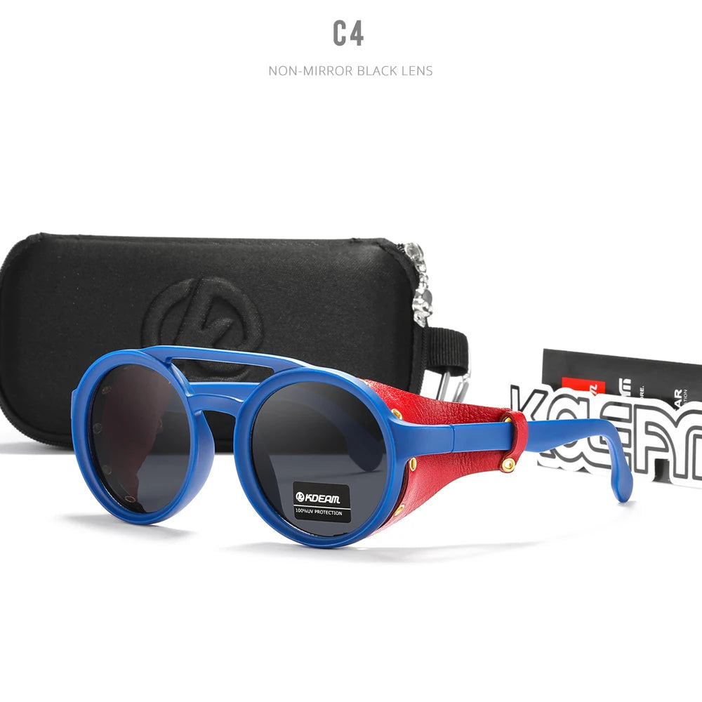 KDEAM Vintage Round Sunglasses Men Women Leather Shield Sun Glasses  Twin Bridge Designed Shade KD179