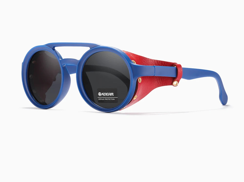 KDEAM Vintage Round Sunglasses Men Women Leather Shield Sun Glasses  Twin Bridge Designed Shade KD179