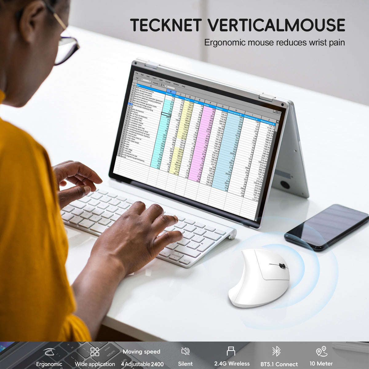 Dual Mode Vertical Mouse Wireless Bluetooth Ergonomic Mouse, Rechargeable Silent 2.4G Gaming Mouse with 2400 DPI for PC & Laptop