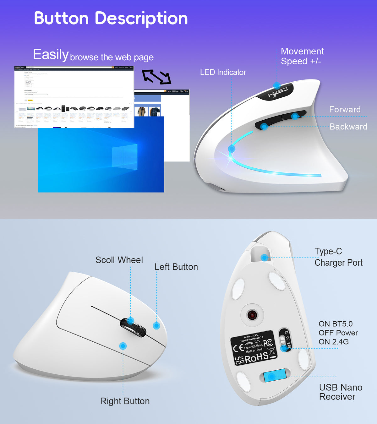 Dual Mode Vertical Mouse Wireless Bluetooth Ergonomic Mouse, Rechargeable Silent 2.4G Gaming Mouse with 2400 DPI for PC & Laptop
