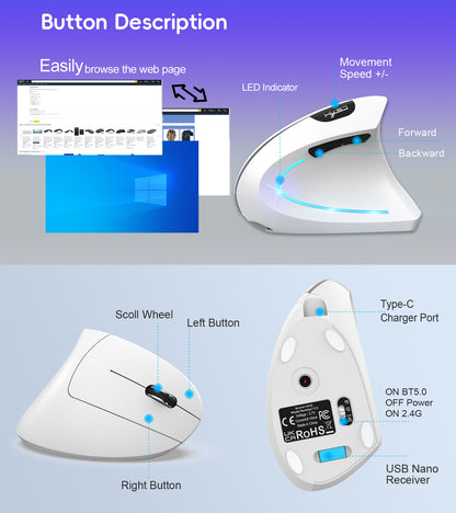 Dual Mode Vertical Mouse Wireless Bluetooth Ergonomic Mouse, Rechargeable Silent 2.4G Gaming Mouse with 2400 DPI for PC & Laptop
