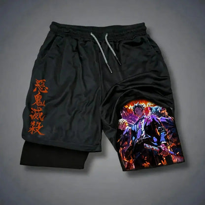 Anime Demon Slayer Gym Shorts Man Quick Dry Pants Double-layer 2 in 1 Shorts Y2k Sportswear Summer 2026 Breathable Streetwear