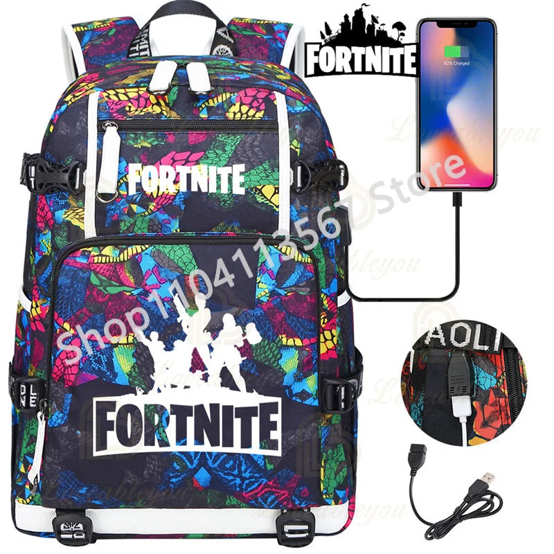 Yule Trooper F-Fortnited Battle Royale Backpack with USB Charging Anime Figures Study Stationery Compartment Students Mochila