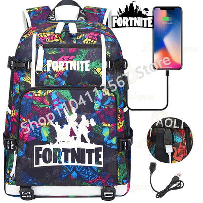 Yule Trooper F-Fortnited Battle Royale Backpack with USB Charging Anime Figures Study Stationery Compartment Students Mochila