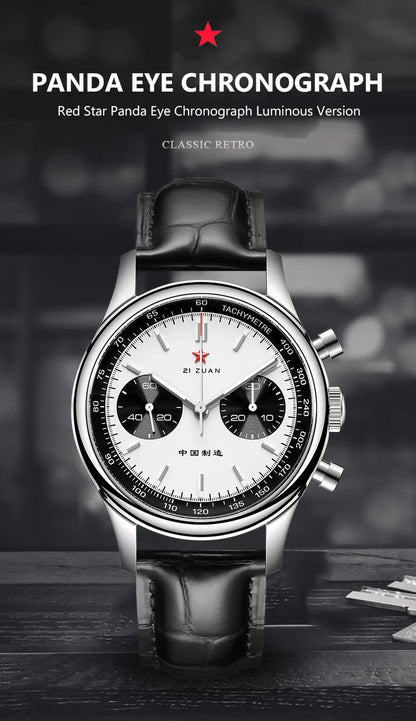 Red Star Panda Mens 1963 Chronograph Mechanical Wristwatch Seagull st1901 Movement Gooseneck 40mm Luminous Sapphire Pilot Watch