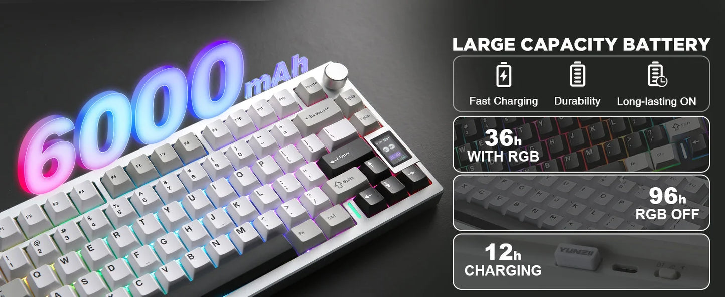 YUNZII AL80 Silver Wireless Mechanical Keyboard, Full Aluminum CNC Custom QMK/VIA Gaming Keyboard, LCD Display Hot Swap Keyboard