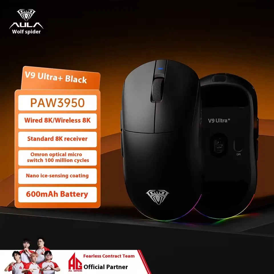Aula V9 Ultra Kabellose E-Sports-Gaming-Maus Double 8k 3mode PAW 3950 8k 55g Leichte ergonomische Maus – individuelles PC-Zubehör