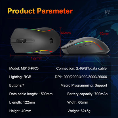 Mouse gaming REDRAGON DEICIDE M816 PRO RGB USB con supporto Bluetooth 2.4G wireless, 26000 DPI, 6 pulsanti per gamer, mouse cablato per computer
