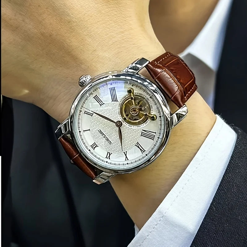 Montre mécanique automatique pour homme – Design ajourélégant, style « business casual » tendance, boîtier en alliage et bracelet en cuir, sans pile