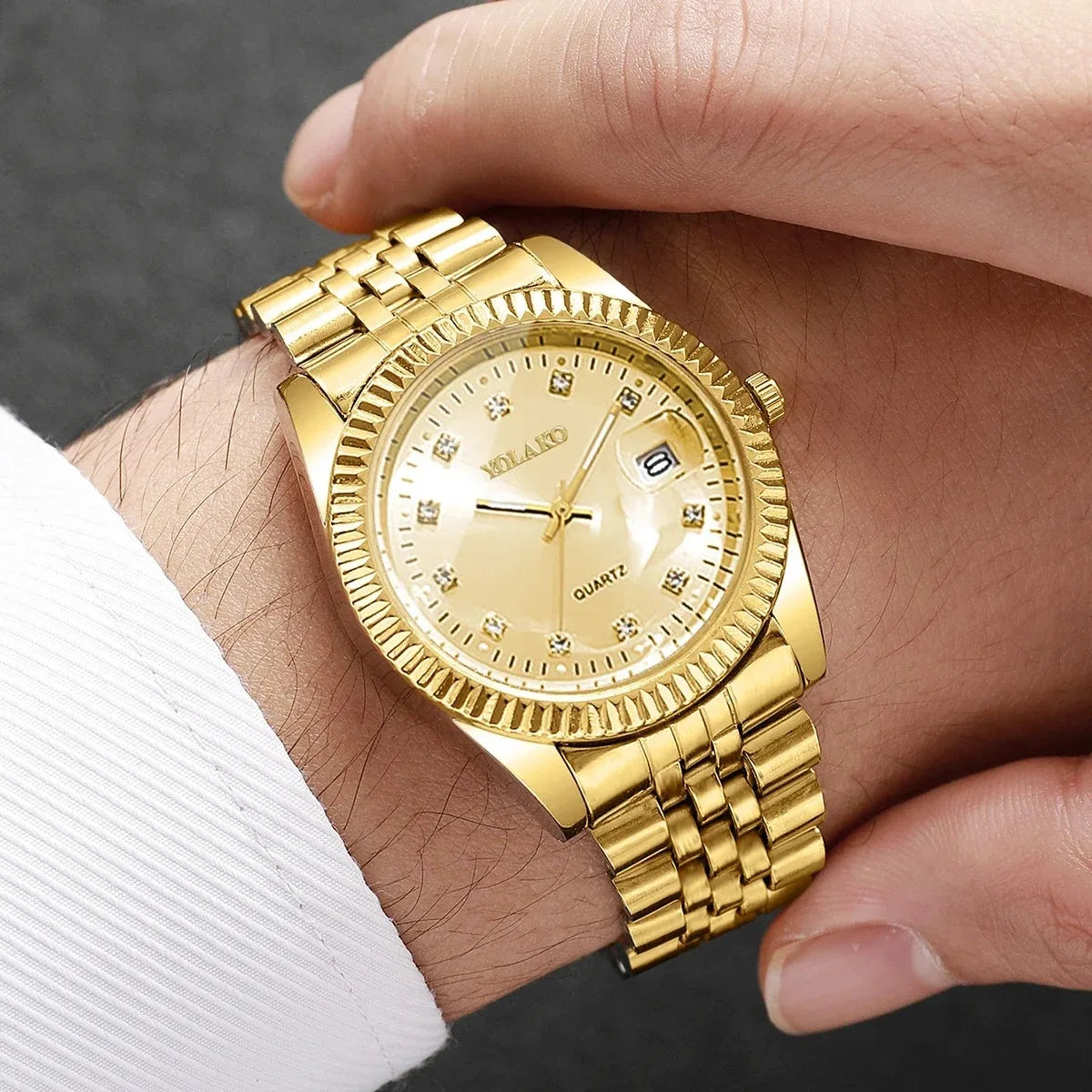 Luxury Men Calendar Quartz Watch  Fashion Rhinestone Steel Men's Business Watches Reloj Hombre Clock Gift（Without Box）