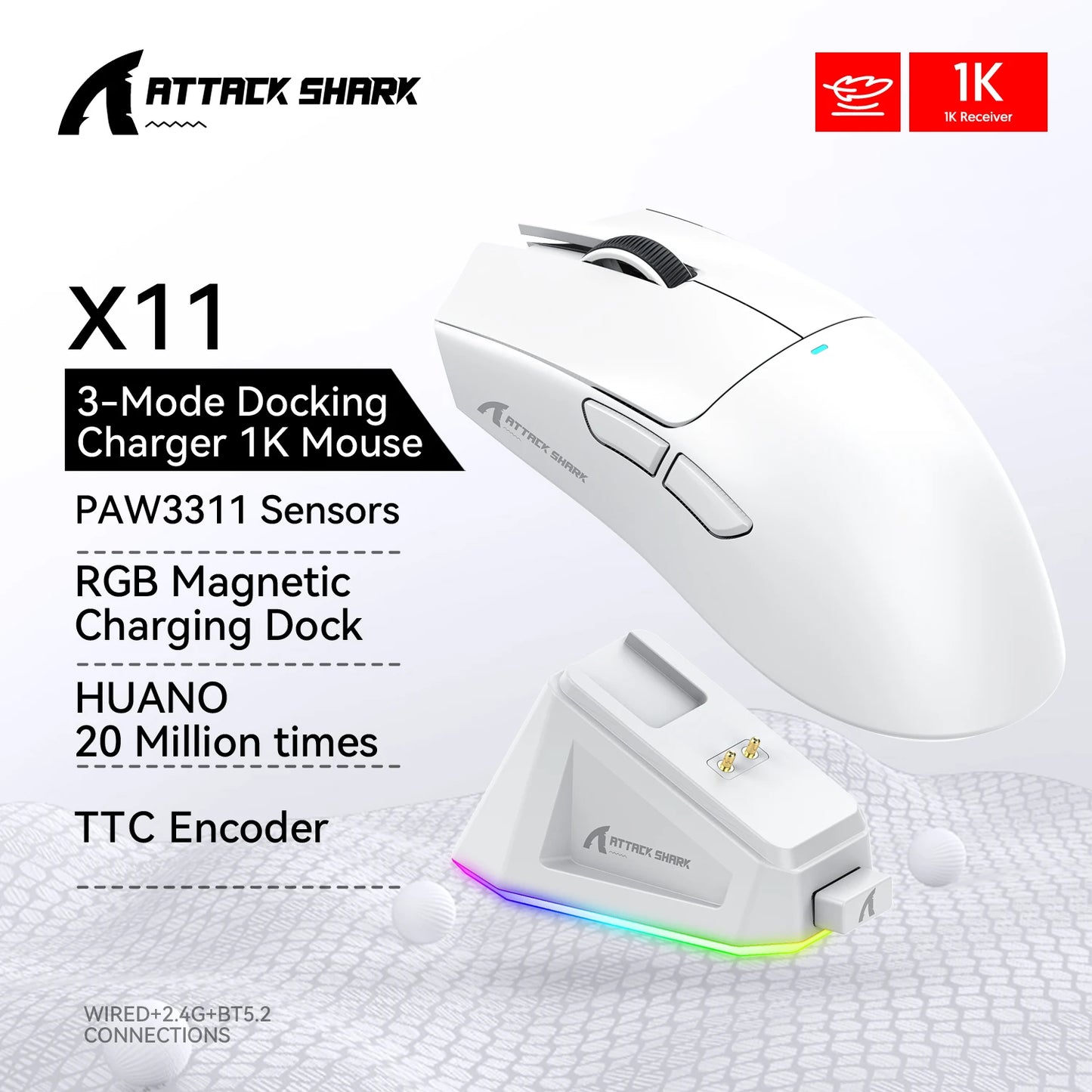 ATTACK SHARK X11 trojrežimová ľahká herná myš s PAW3311,22000DPI,400IPS,40G,59g,magnetickým rýchlonabíjaním,RGB podsvietením