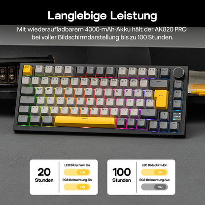 ISO-DE Layout AJAZZ AK820 PRO 75% QWERTZ German Layout Mechanical Keyboard Tri-Modes Wireless Keyboard with TFT Screen NKRO RGB