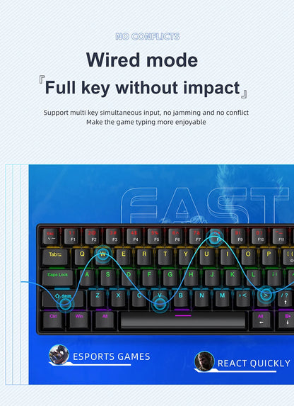 Teclado mecânico gaming com fios APAYADO K61 60% Mini Phantom RGB, 61 teclas, switches vermelhos/azuis, ergonómico, portátil para PC/portátil