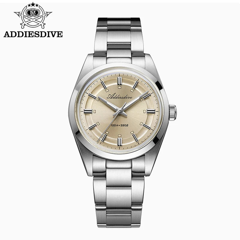 ADDIESDIVE – Prabangus analoginis vyriškas laikrodis, kvarcinis mechanizmas VH31, išgaubtas stiklas, atsparumas vandeniui iki 10 barų, švytinti danga BGW9, plieninis korpusas – Individualizuojamas modelis AD2515