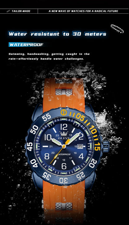 OLEVS Luxury Men's Fashion Quartz Watch Waterproof Luminous Orange Silicone Strap Sports Men Military Wristwatches Watch for Men