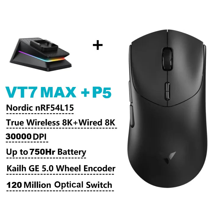 Rapoo VT7 MAX Wireless Gaming Mouse, True 8K Wireless Gaming Mouse, 53g Ultra-Lightweight, 30K DPI, 750-Hour Battery, Programmable Gaming Mouse