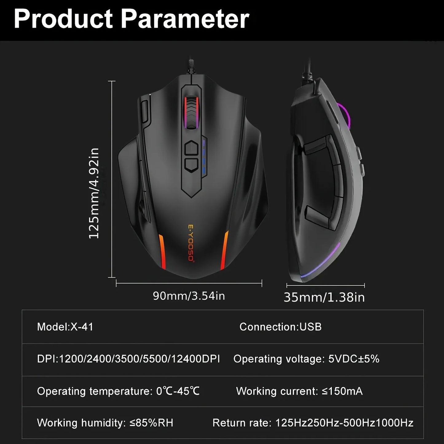 E-YOOSO X-41PRO kabelgebundene Maus, große Gaming-Maus mit RGB-Hintergrundbeleuchtung, 11 programmierbaren Seitentasten, Unterstützung für Computer, PC, Laptop und Mac