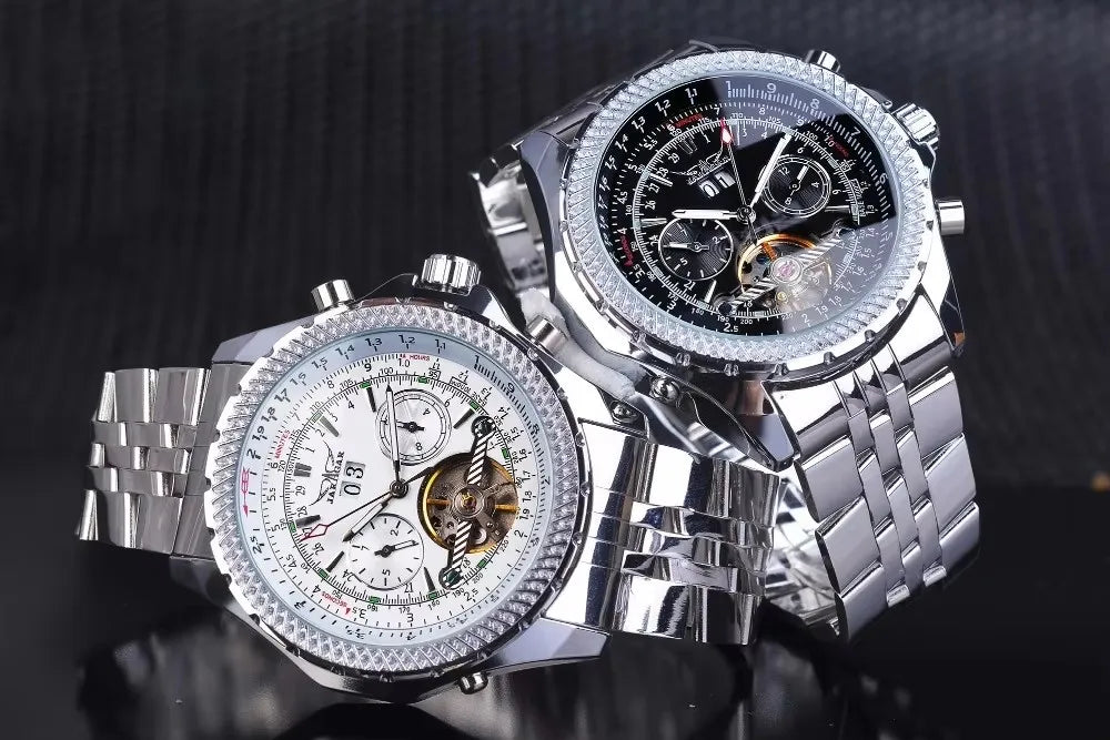 JARAGAR 034 luxus retro automata mechanikus karóra, tourbillon, üreges szkeleton, rozsdamentes acél, heti naptár, férfi karóra