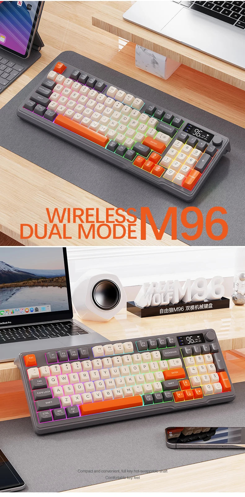Teclado Bluetooth Sem Fios M96 FREEWOLF com Ecrã Gaming, Ecrã Eletrónico, Ligação a Vários Dispositivos, Ergonomia Gaming