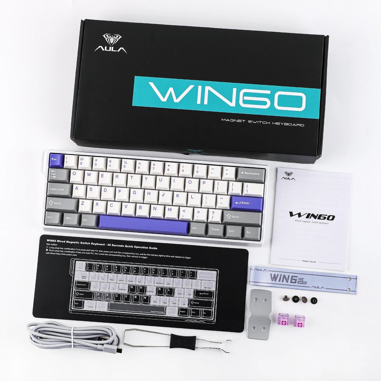 Teclado mecânico com fios AULA WIN60 HE/WIN60 HE MAX 60%, estrutura Tray-Mount, Hot-Swap e interruptores magnéticos de efeito Hall