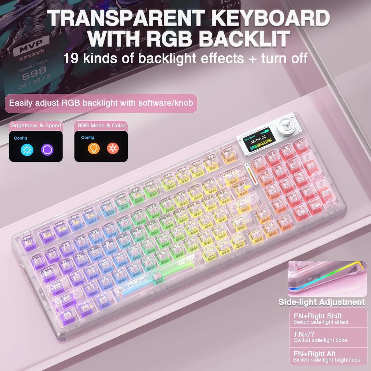 AULA F98Pro V3 Mechanical Keyboard W/ Rotate Button RGB Backlight Screen Tri-Modes Game E-sports Special Carved 95 Keycaps