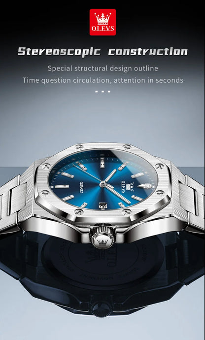 OLEVS Watches For Men Luxury Silver Blue Classic Quartz Watch for Man Waterproof Stainless Steel Luminous Reloj Hombre 2025