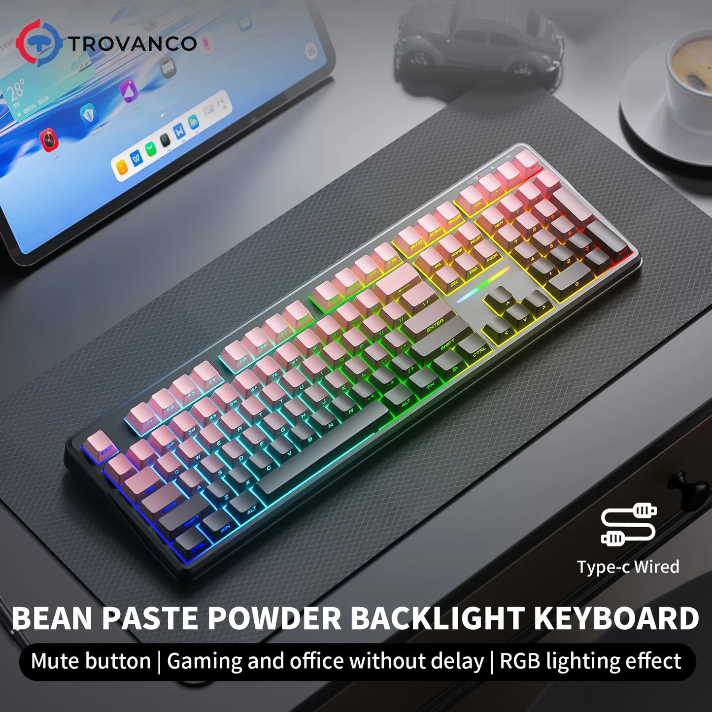Teclado Bluetooth V108 Pro para escritório, baixo ruído, 2.4G, com e sem fios, layout completo, membrana com retroiluminação RGB