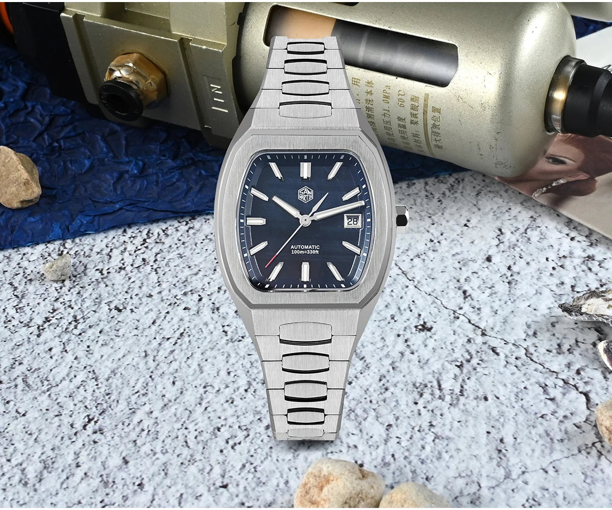 San Martin 39.5mm Tonneau Luxury Men Watch Mineral Dial Casual Sports PT5000 SW200 Automatic Mechanical Sapphire Luminous SN0145