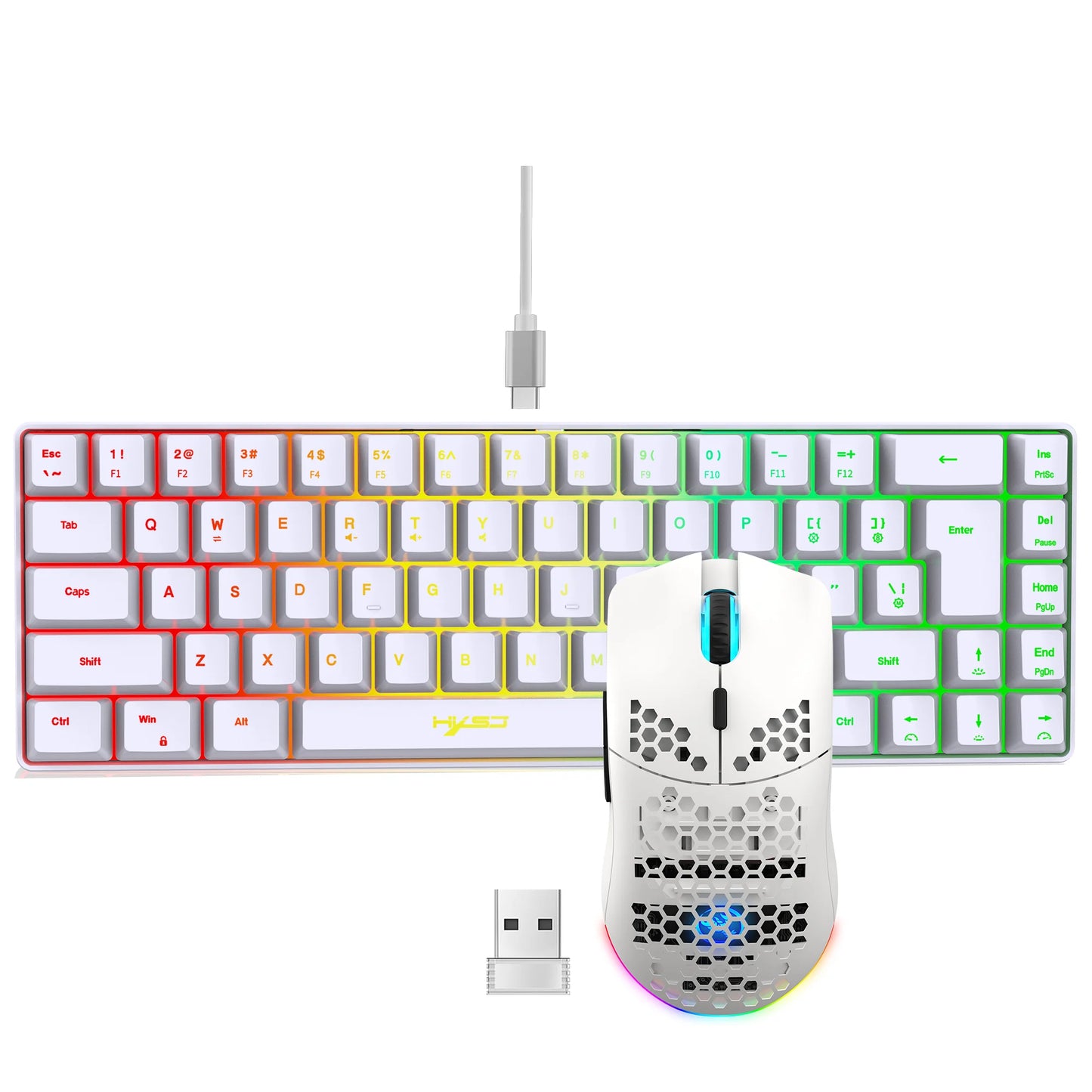 Conjunto portátil de teclado e rato gaming HXSJ 60% RGB: teclado de membrana com fios de 68 teclas e rato sem fios leve de 3 modos para PC e Mac