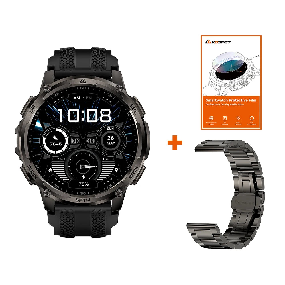 KOSPET TANK T4C Smartwatch Men's Outdoor GPS Watch with Bright LED Flashlight 5ATM Water-Resistant for Swimming Military Tough