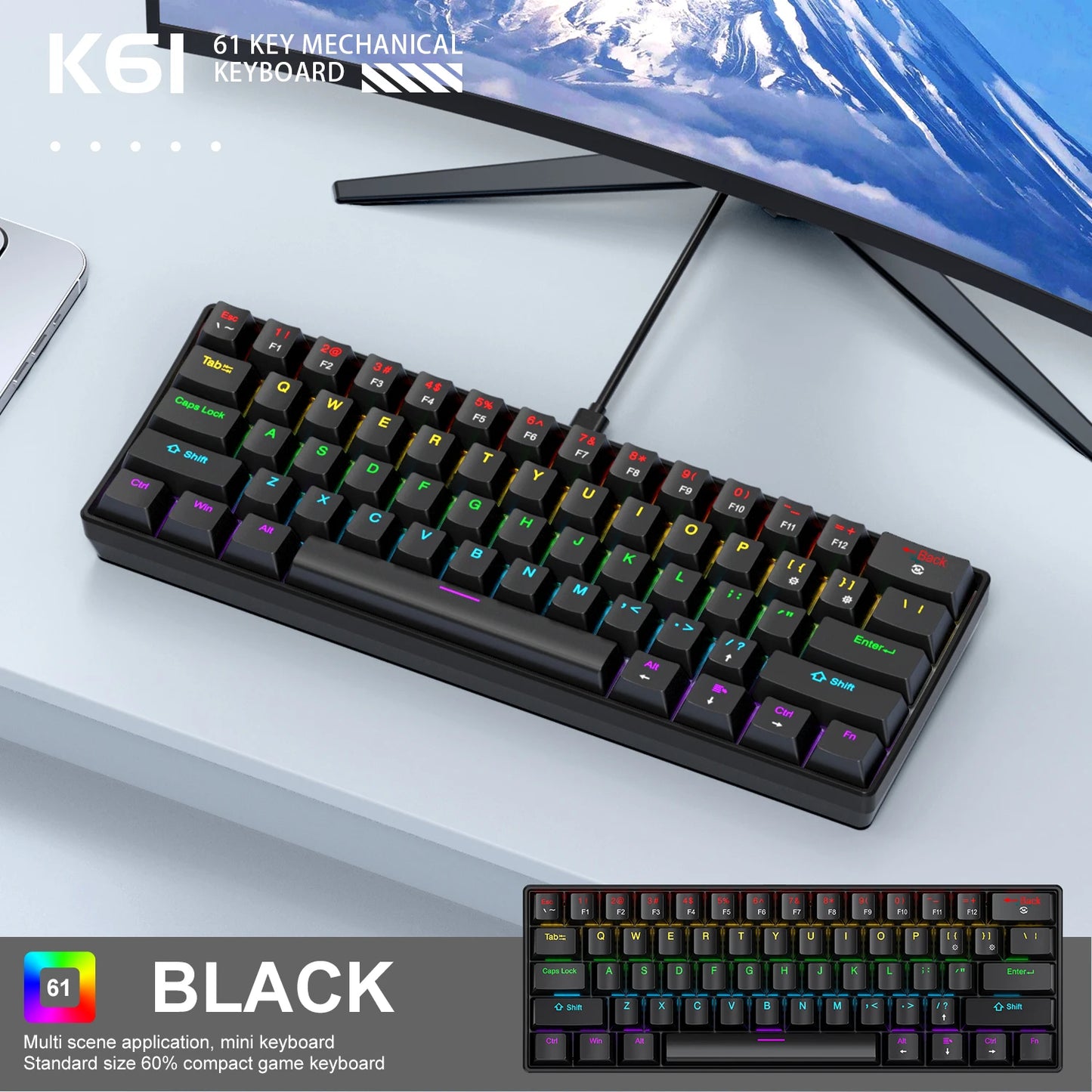 Teclado mecânico mini APAYADO K61, com fio, 61 teclas, Phantom RGB, interruptor mecânico vermelho/azul preto/branco para gaming, 60% portátil