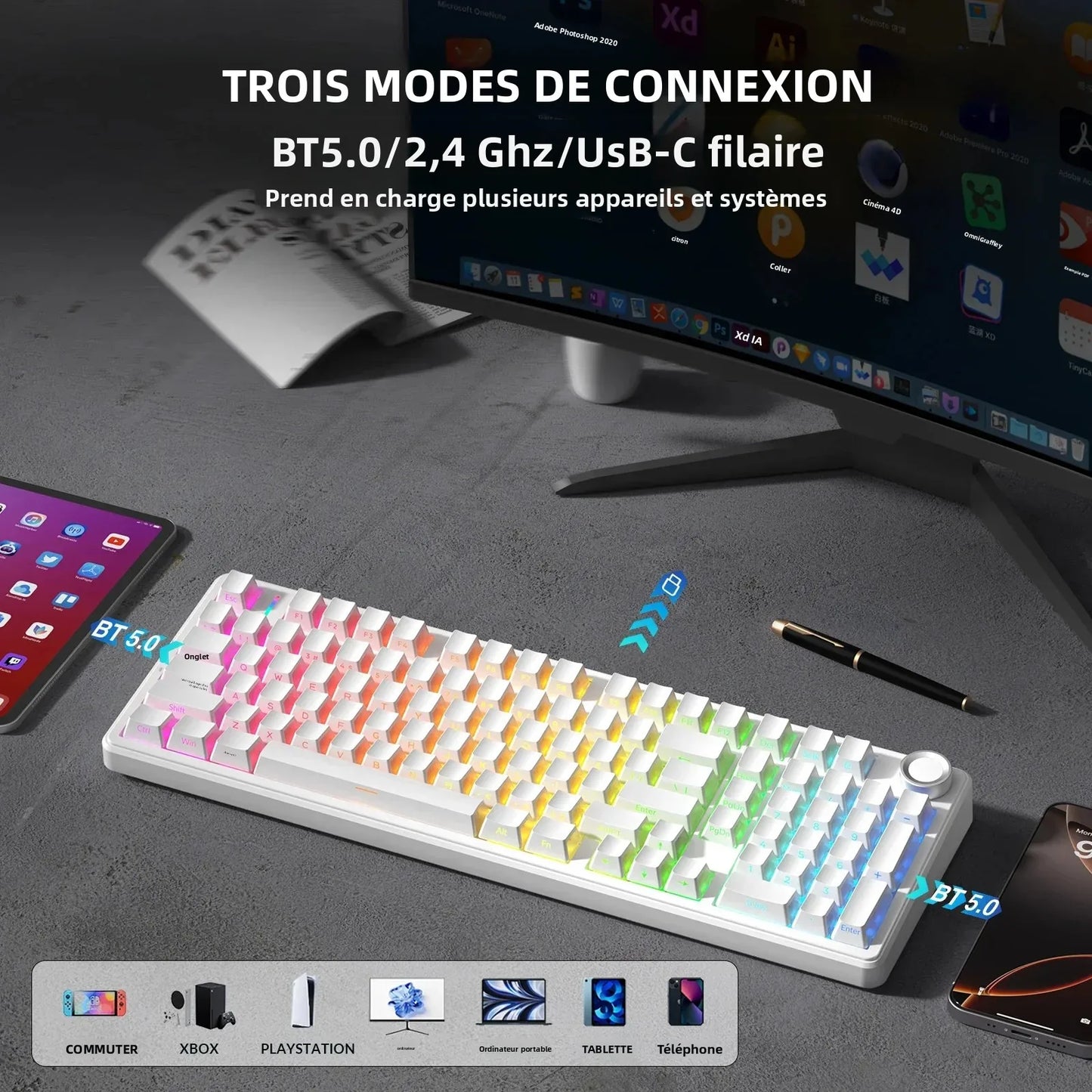 AULA F99Pro Low Noise Keyboard Gasket Structure Hot-swap RGB Mechanical Keyboard with Media Knob
