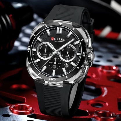 CURREN herenhorloge – Nieuw luxe quartzmodel, siliconen band, sportieve stijl, multifunctioneel, waterdicht, verlicht, met datumweergave en chronograaf.