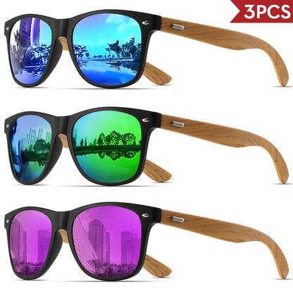 3PCS Bamboo Texture Square Sunglasses UV400, Fashion Unisex Classic - Lightweight for Casual Wear & Holidays
