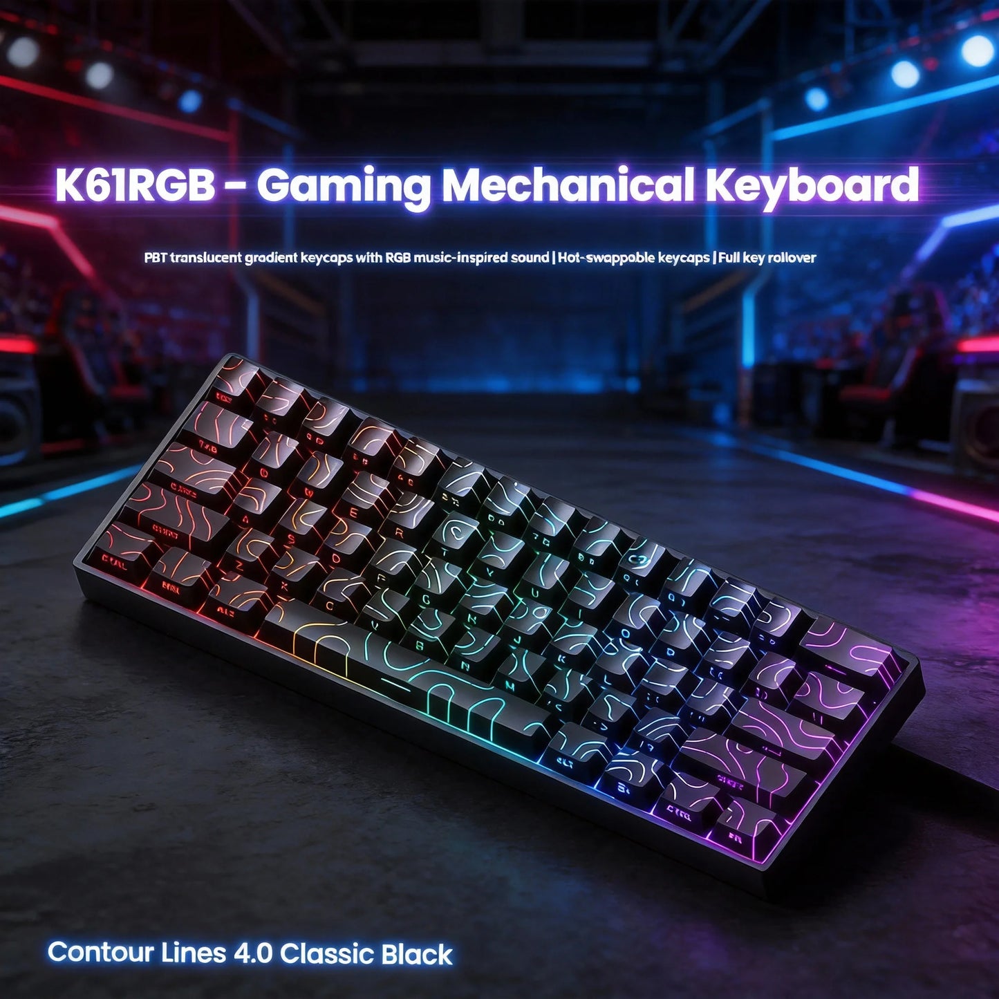 Teclado mecânico portátil com fio K61, Phantom RGB colorido, resposta de nível gaming, design ergonómico, adequado para gaming e escritório