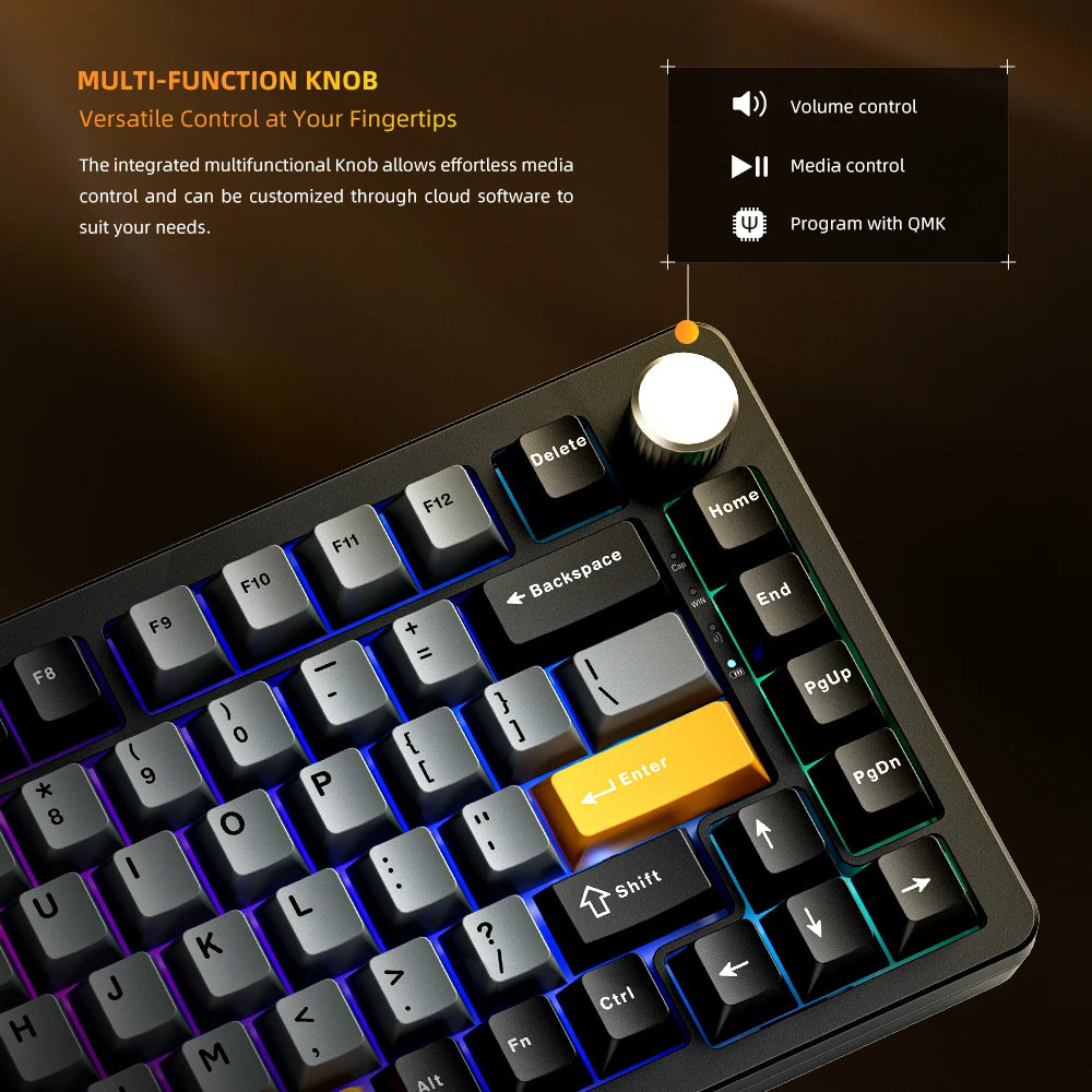 Teclado Mecânico Gaming Sem Fios Machenike K600-B82W Trimodo, Montagem Gasket, Layout ANSI 75% e Retroiluminação RGB
