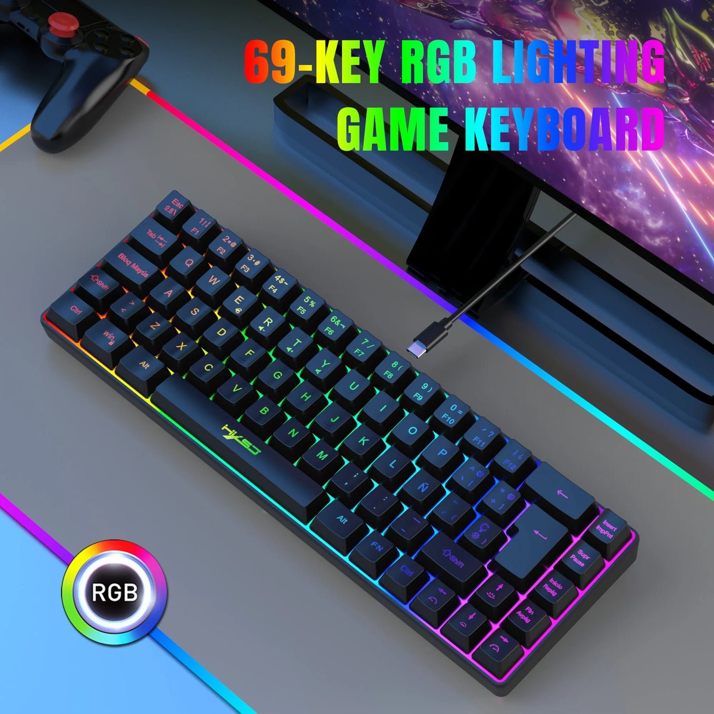 Promoção imperdível! Teclado gaming com fios espanhol de 69 teclas, retroiluminação RGB e design compacto 68%, um acessório indispensável para profissionais de escritório e gamers