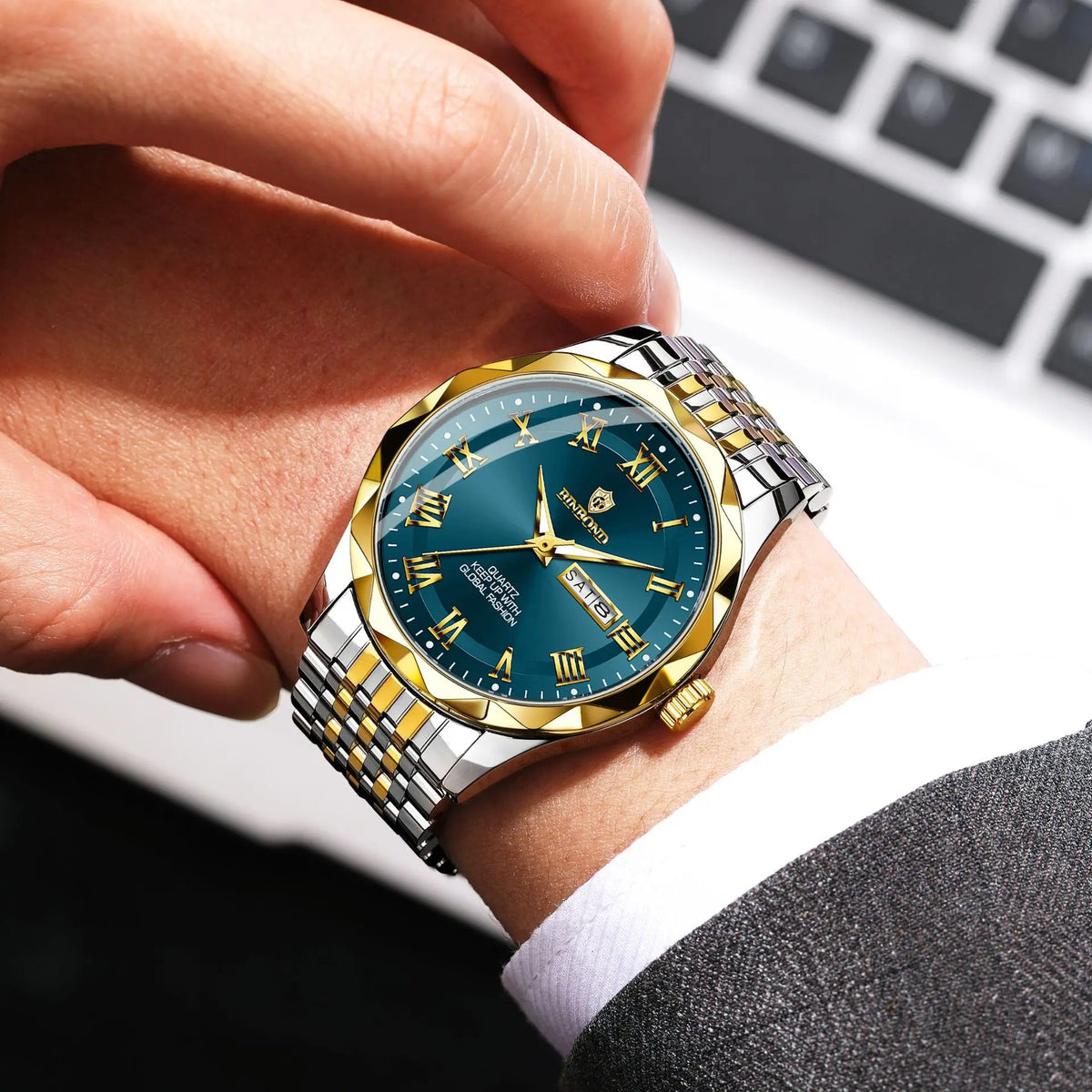 Reloj de pulsera de lujo de cuarzo BINBOND Original Brand para hombre, luminiscente, resistente al agua, con fecha automática, indicación del día de la semana y estilo informal.