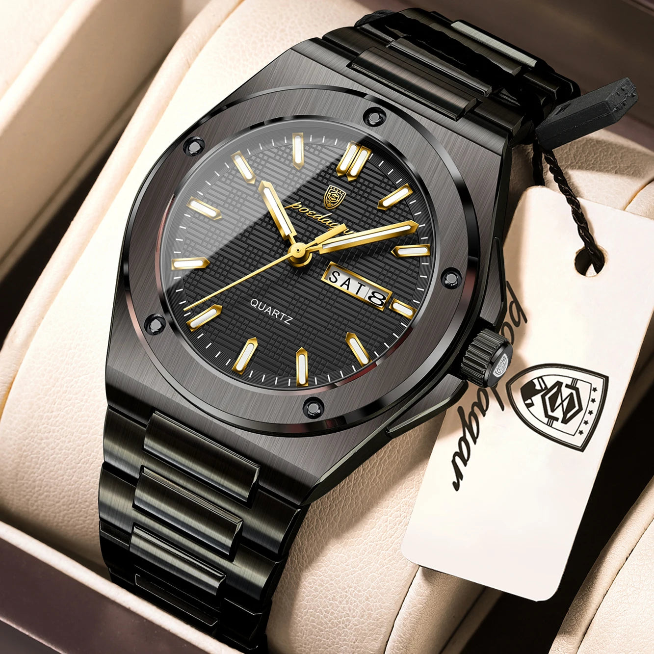 POEDAGAR Business Men Clock Date Week Stainless Steel Luxury Man Wristwatch Waterproof Luminous Sport Quartz Men's Watches Reloj