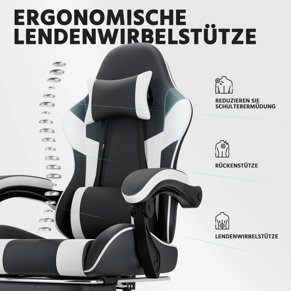 Ergonomic Gaming Chair with Lumbar Support, Adjustable Office Chair, Breathable PU Leather Computer Chair with Footrest & Reclining Backrest