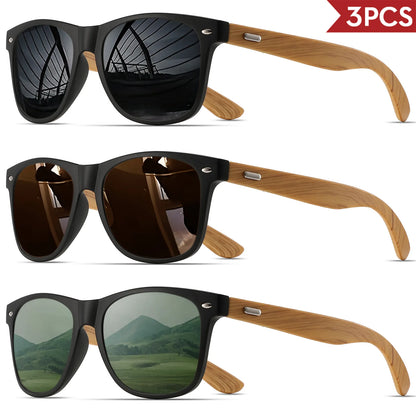 3PCS Bamboo Texture Square Sunglasses UV400, Fashion Unisex Classic - Lightweight for Casual Wear & Holidays