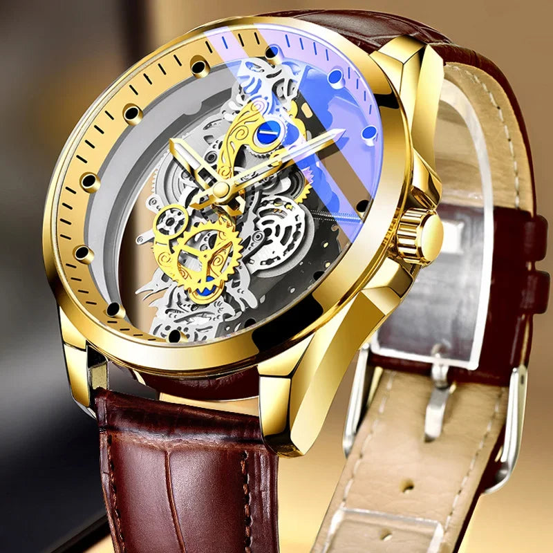 Reloj de moda para hombre, modelo con doble apertura, estilo de lujo dorado, imitación de tourbillon mecánico, movimiento de cuarzo.