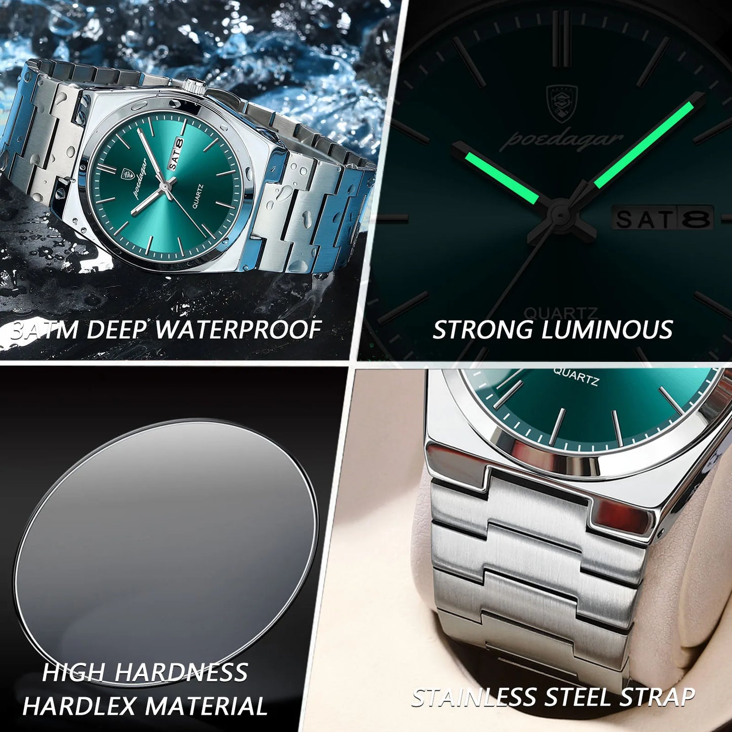 POEDAGAR Fashion Men Watch Waterproof Luminous Date Week Men's Watches Stainless Steel Functional Man Quartz Watch with Gift Box