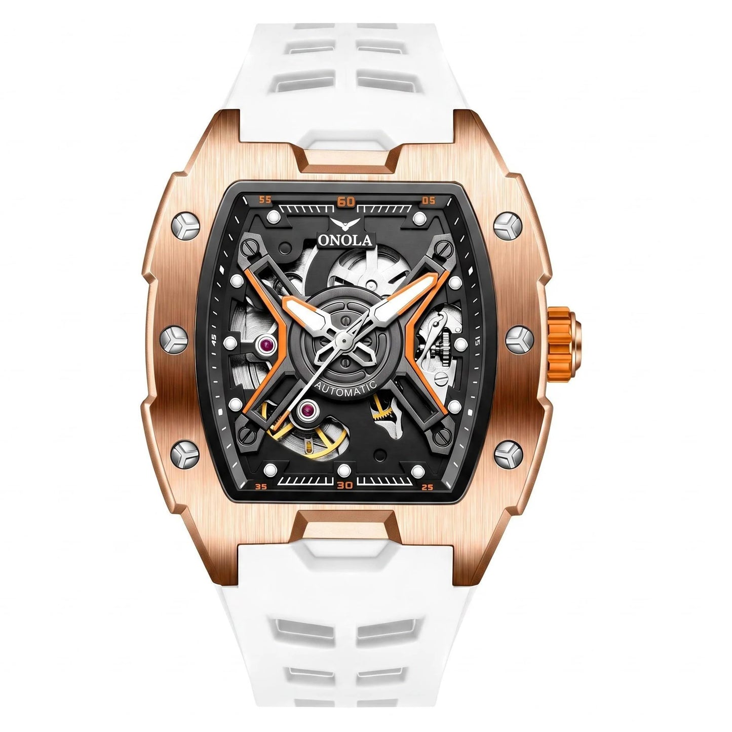 ONOLA Men's Rose Gold Automatic Mechanical Watch Silicone Strap Waterproof Luminous Hollow Dial Watch